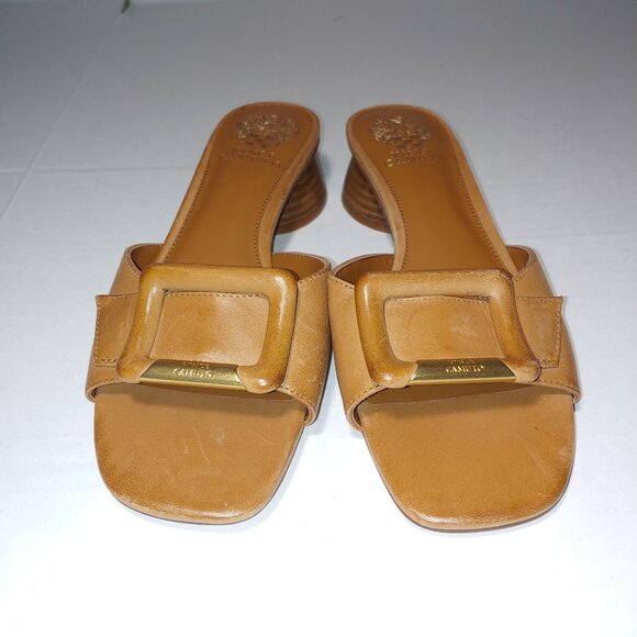 Vince Camuto Ladea Slip On Leather Buckle Sandals Golden Walnut Brown Sz 8.5 - Picture 2 of 10
